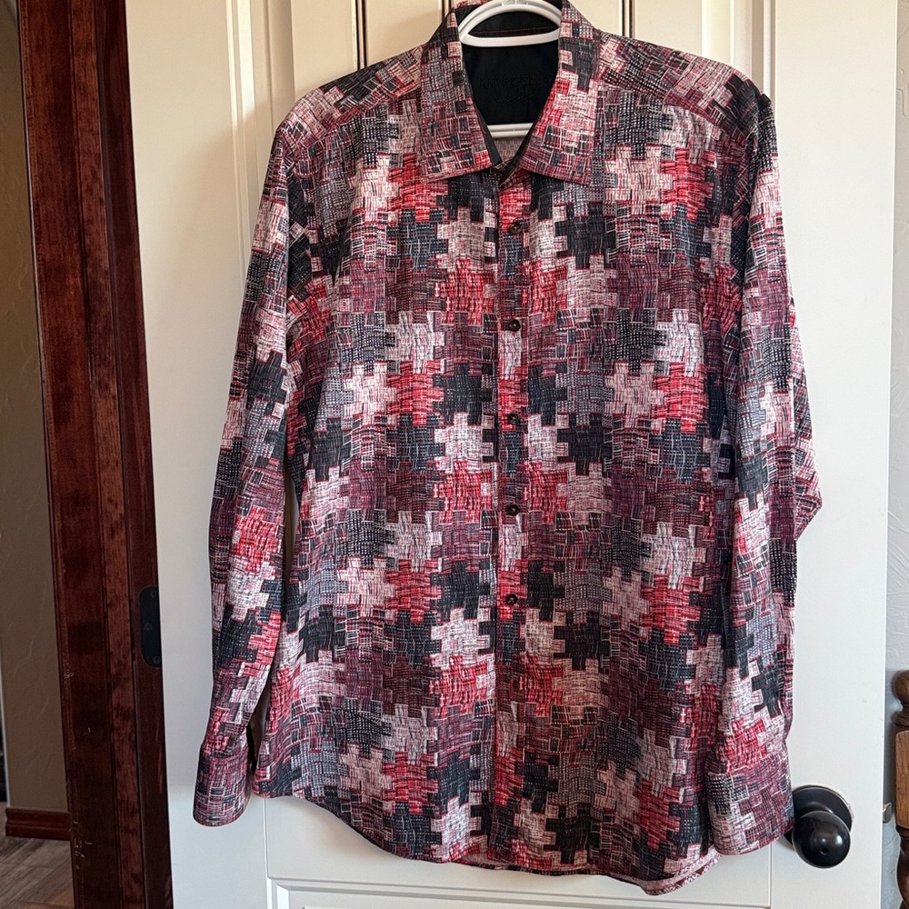 Marcellon 100% Cotton Geometric Patterned LongSleeve Shirt in Red,Black, & Gray.